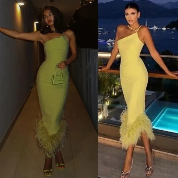 House of CB ‘Alessia’ Lime Feathered Midi Dress NWOT size XS‎ $299 - Picture 6 of 16